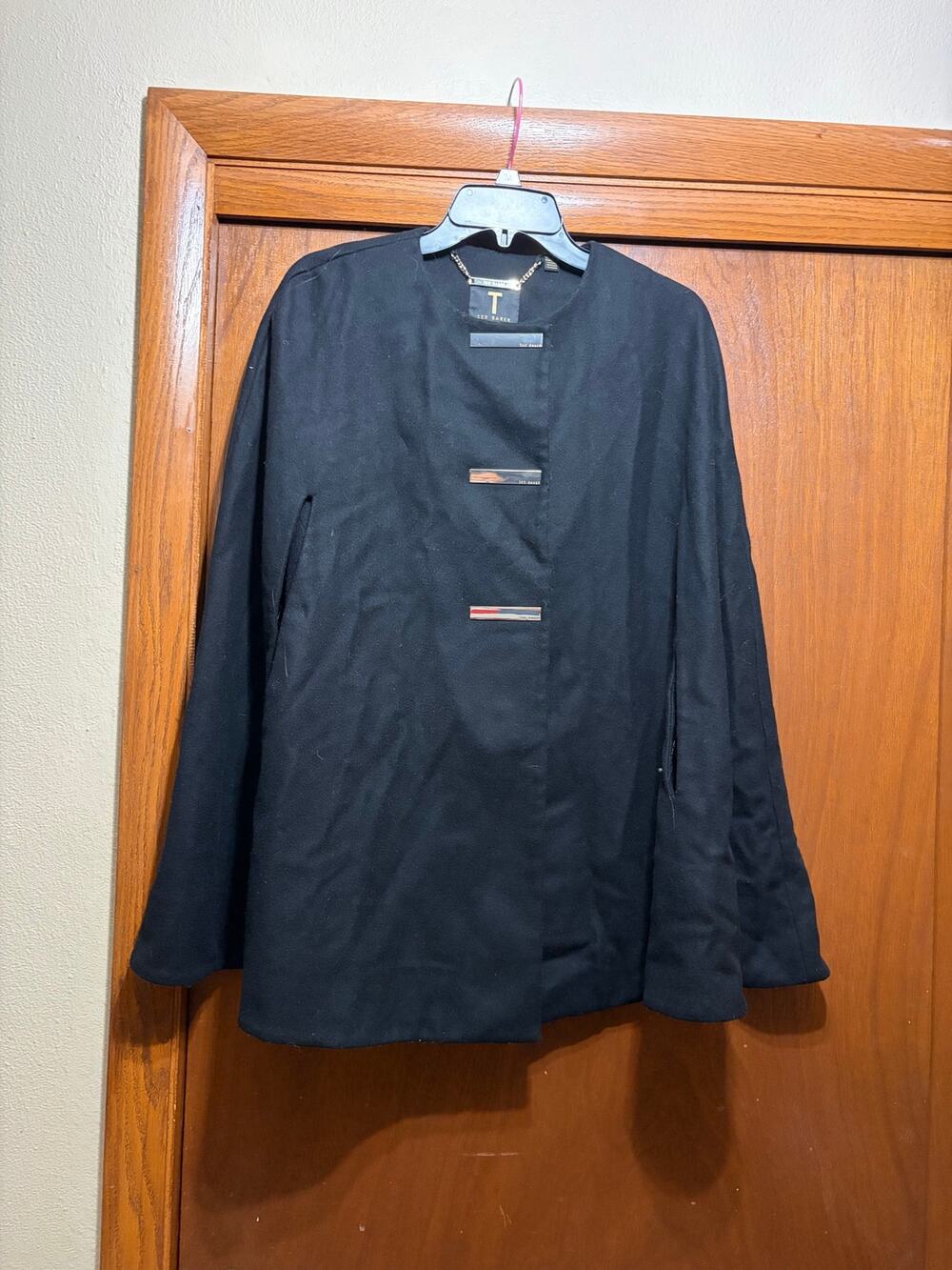 Ted Baker London Wool Cashmere Blend Black Cape Jacket Draped Sleeve S